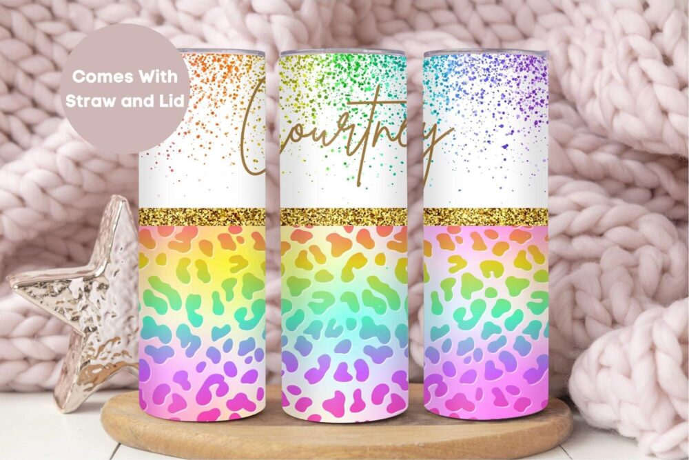 Personalized Glitter Name Tumbler, Cute Custom To Go Cup Birthday Gift For Her, Neon Cheetah Tumbler Cup, Leopard Mom
