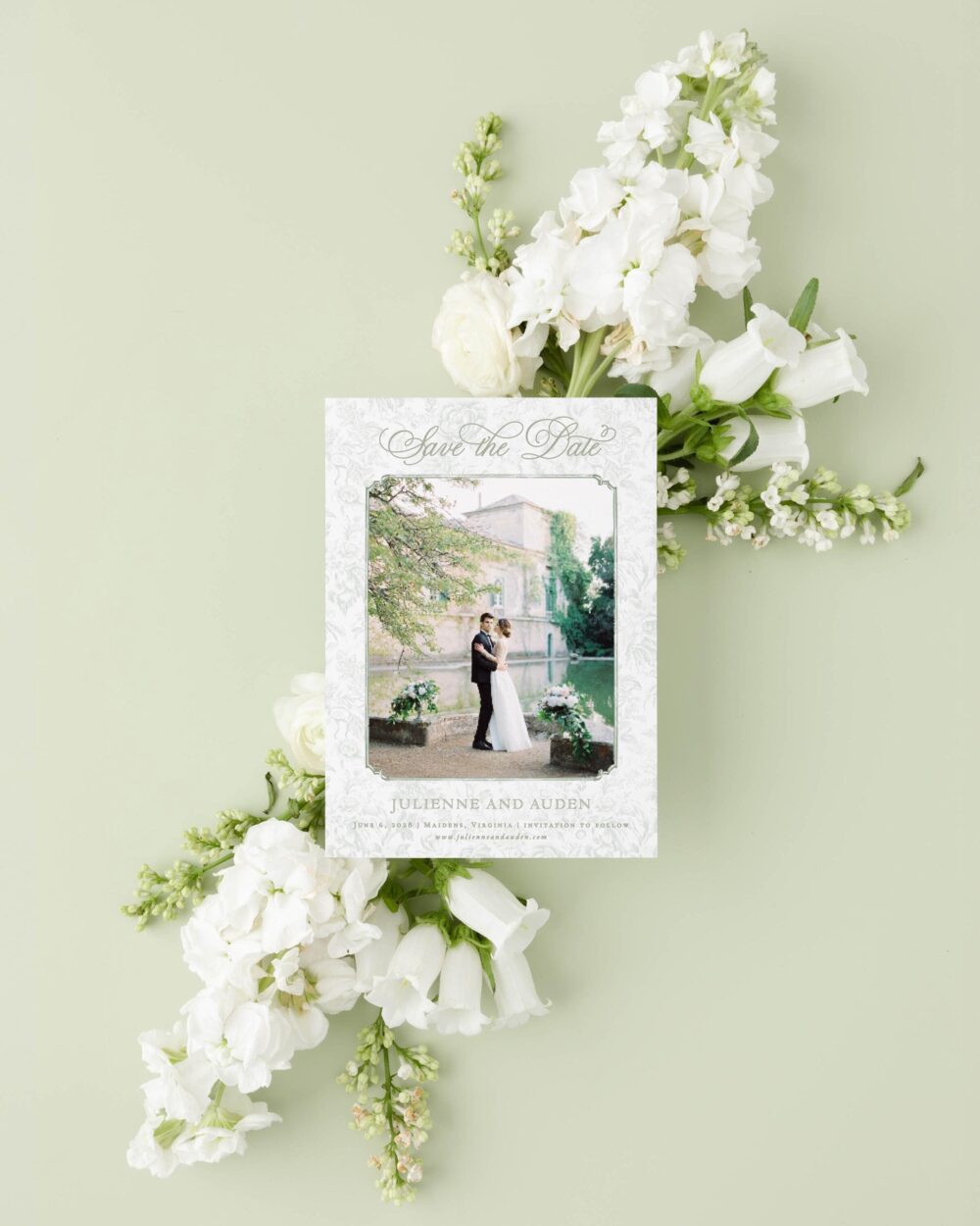 Julienne | Sage Green Wedding Save The Date With Photo, Floral Frame Invitation, Elegant Dates Printed
