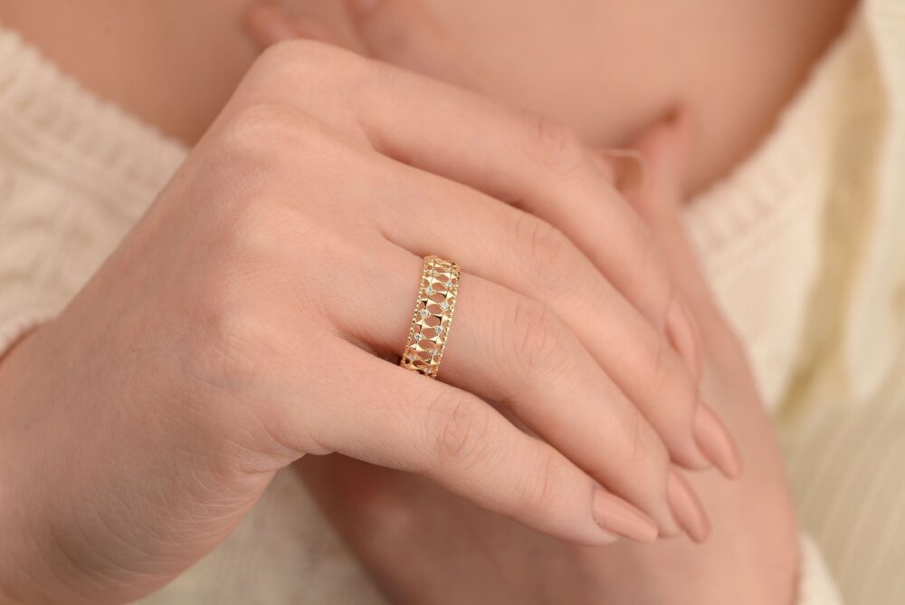 Gold Rhombus Eternity Band Ring With Stone, 14K Solid Ring, Double Band, Minimalist, Unique Christmas Gift, Anniversary Gift