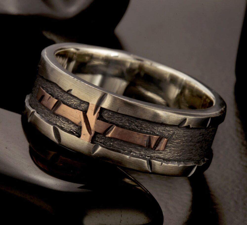sterling Silver Copper Men's Wedding Ring, Rustic Cross Band, Engagement Religious Jewelry, Gift For Him - Rs-1408