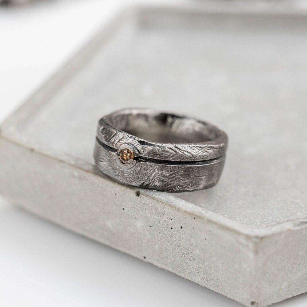 Brutalist Brown Diamond Ring Men Wedding Band Oxidized Sterling Silver Wide - Birthday Gift For Him Sr00068