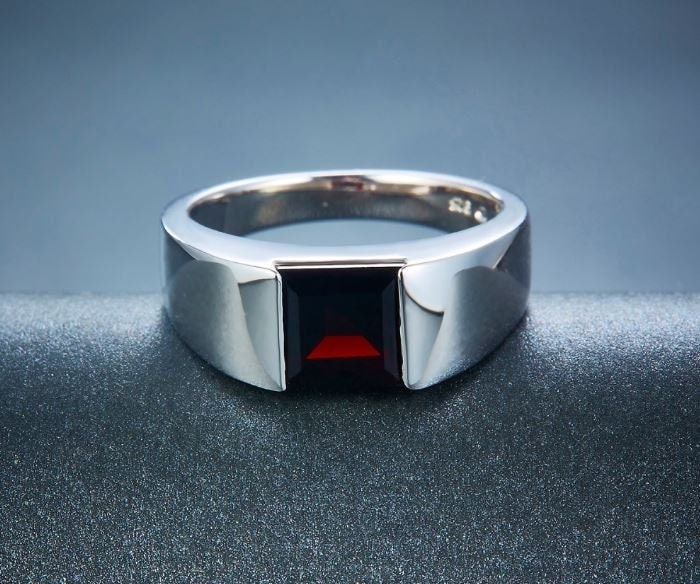 Mens Garnet Ring, 14K Solid Gold Engagement Ring For Men, Signet Man, 8mm Square Cut Garnet, January Birthstone, Red Gemstone