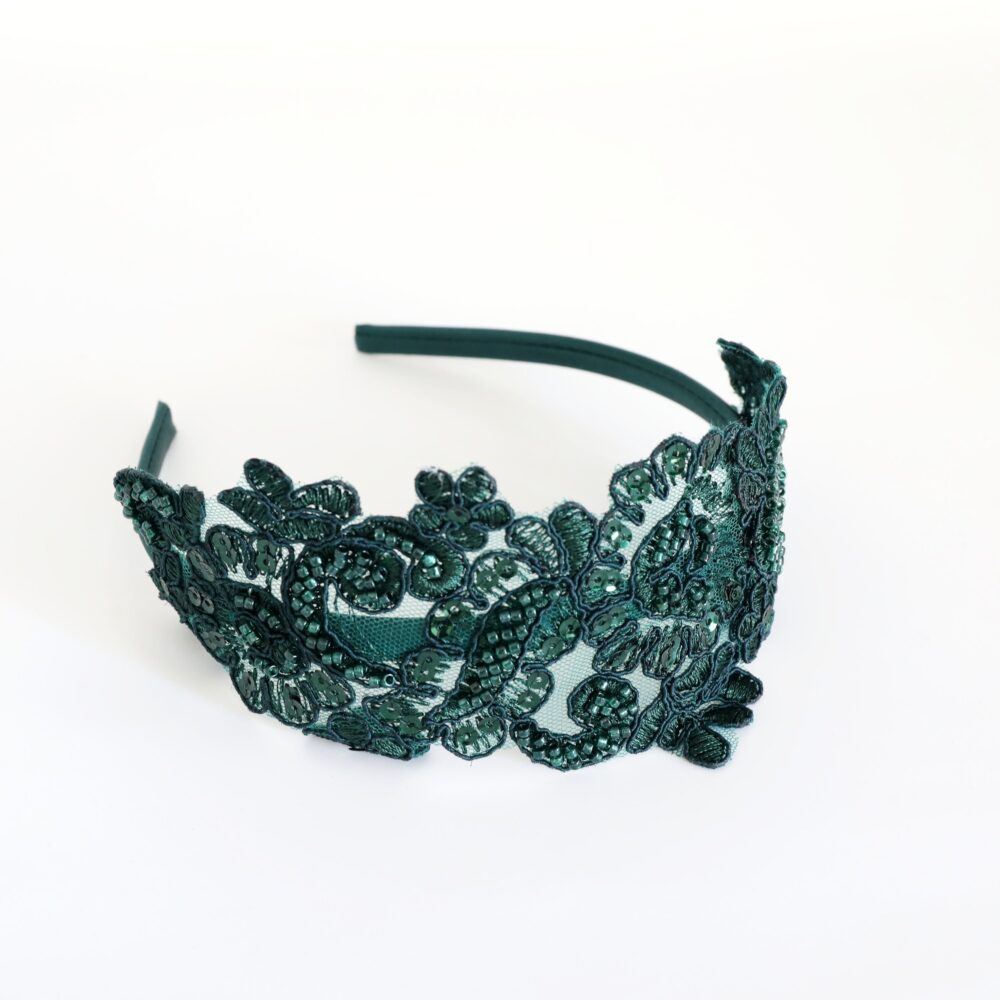 Hunter Green Beaded Lace Headband, Bridal Dark Headband, Red Hair Band, Green Wedding Head Piece