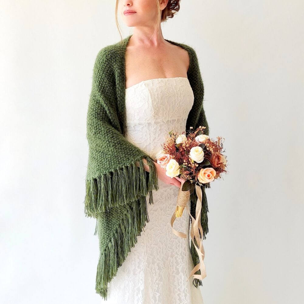 Green Wedding Shawl, Boho Bridal Wrap, Olive Cover Up, Khaki Bride Shawl, Fall Winter Wedding, Bridesmaid Gift, Warm, Fringed, Mohair