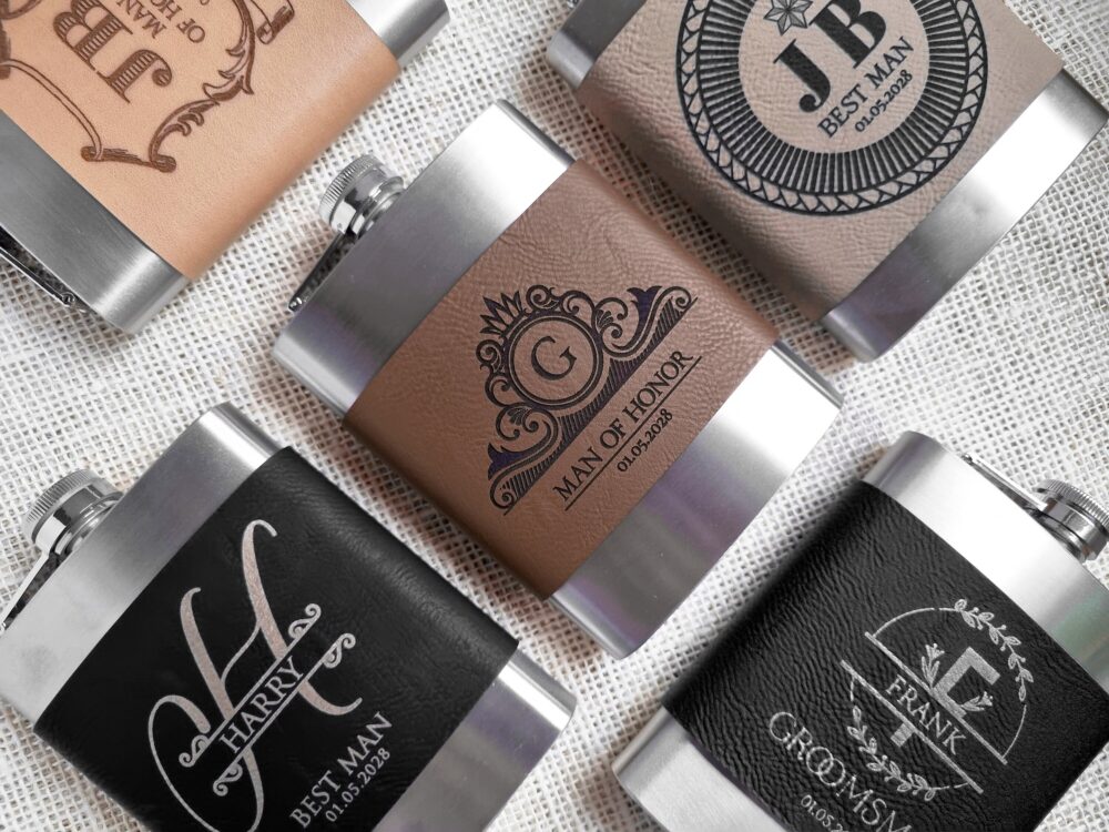 Wedding Monogram Flask With Custom Engraving On The Vegan Leather, Gift For Fathers Of Bride & Groom, Groomsmen Best Man
