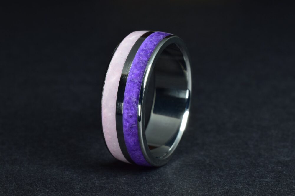 Wedding Ring, Medical Grade Stainless Steel Band With Crushed Amethyst & Rose Quartz/Pink Opal Mix Inlay - Engraving