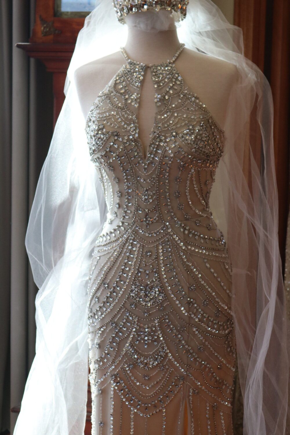Rhinestone Flapper Cleopatra 1920S Wedding Dress Beaded Lace 1930S Art Deco Flapper Great Gatsby Bridal Gown Silver