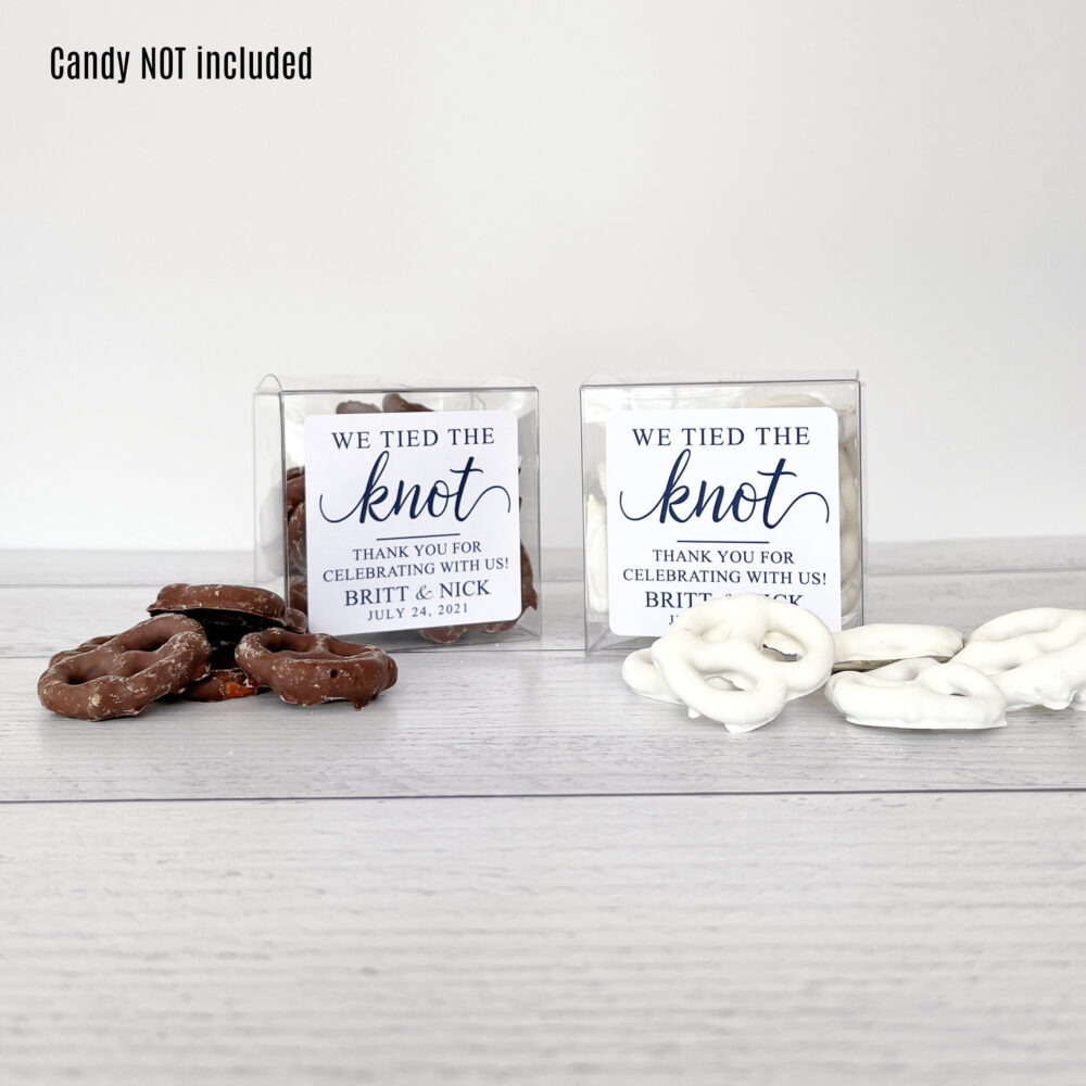 Wedding Favor Pretzel Boxes - Engagement Party Favors For Guests We Tied The Knot // 3" Cubes & Labels, Food Not Included