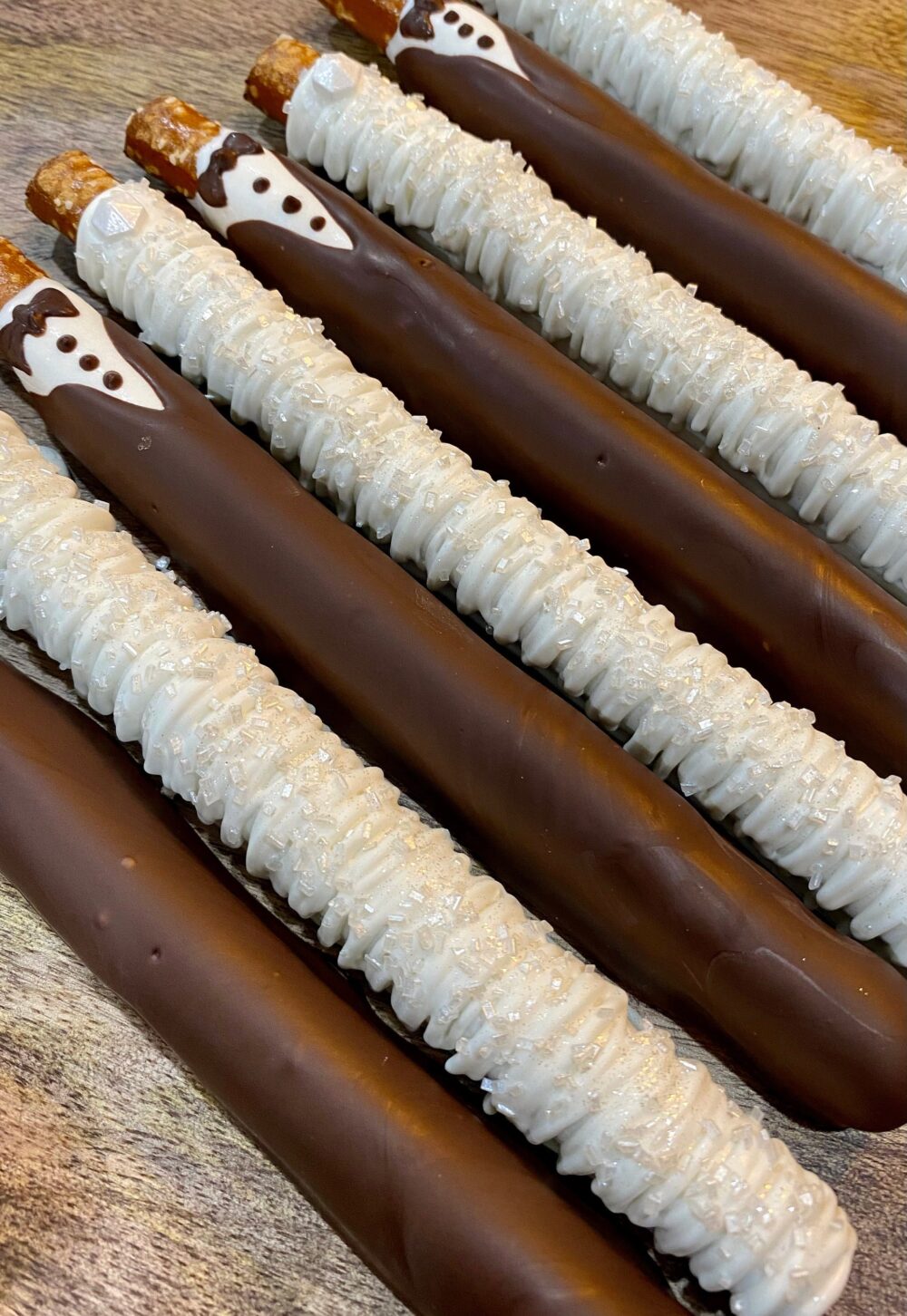 15 Sets | 30 Rods Total Chocolate Dipped Bride & Groom Pretzel Rods, Perfect For Wedding Favors, Rehearsal Dinner, Shower