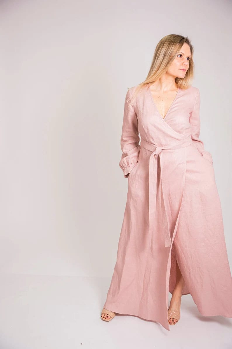 Maxi Linen Wrap Dress For Women, Boho Wedding Plus Size, Spring Dress, Summer Salomon Dress/Victoria