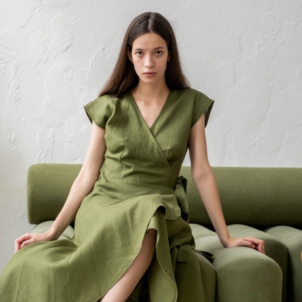 V Neck Wrap Dress, Linen Dress Short Sleeve, Long Linen Kimono Wrap Bridesmaids, Cocktail
