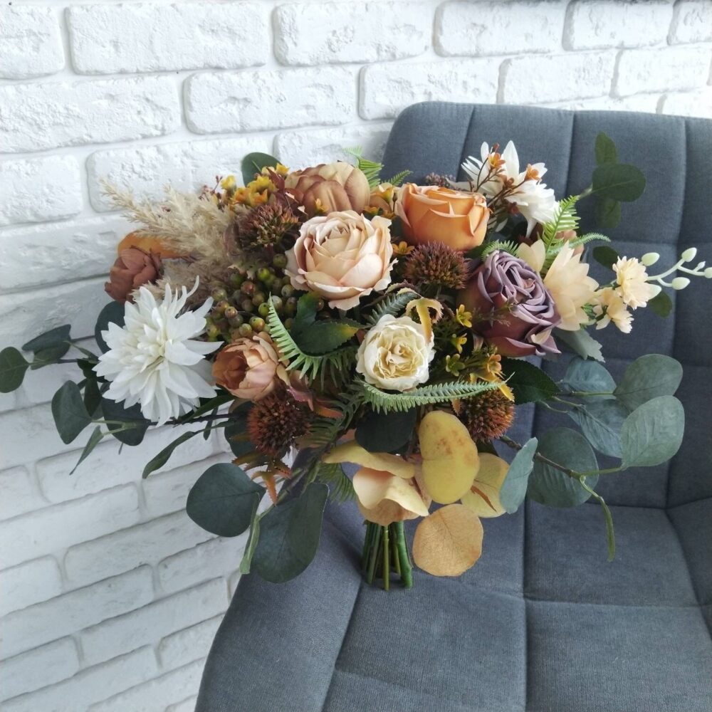 Rust Ivory Peony Wedding Bouquet Terracotta Rose Bridal Dusty Peach Orange Dahlia Faux Eucalyptus Wedding Set Flower