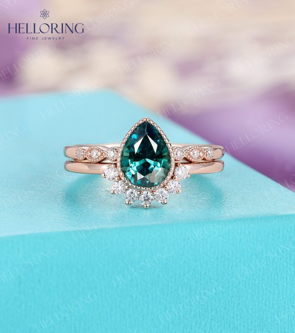 Vintage Teal Sapphire Engagement Ring Pear Blue Green Rose Gold Curved Wedding Band Diamond Moissanite Bridal Set