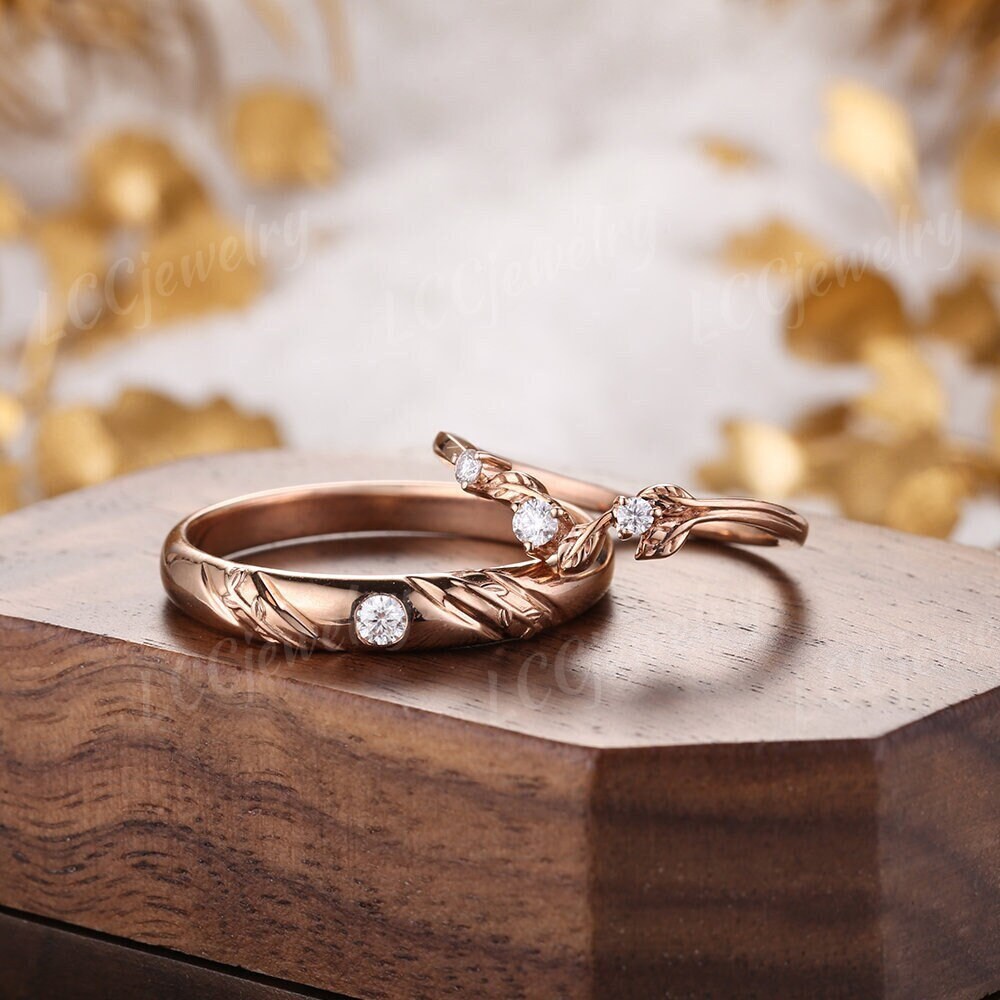 2Pcs Leaf Couple Rings Set For Men & Women Wedding Band Moissanite Engagement Ring Wedding Set Vintage Gold Diamond Bridal