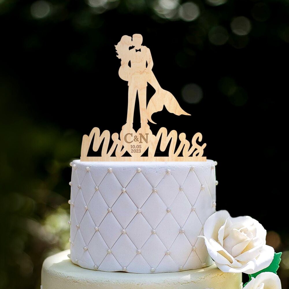 Custom Mermaid Wedding Cake Topper, Beach Themed Topper, Personalized Cake Topper For Wedding, Mr & Mrs Topper, 0518