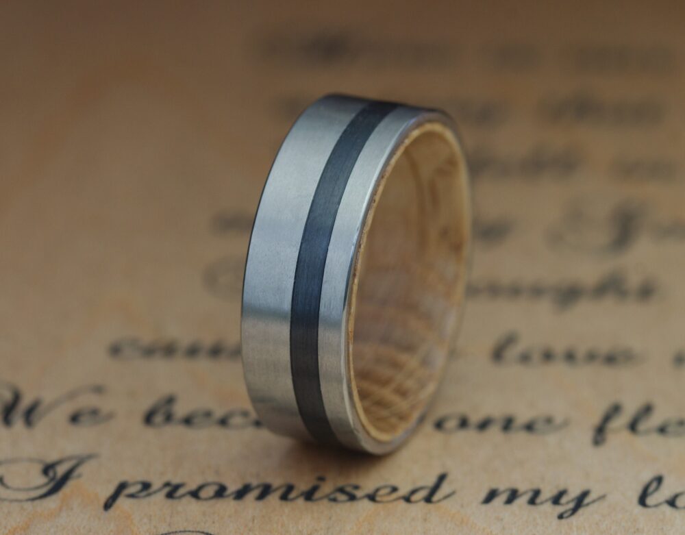 Whiskey Barrel Wedding Band Men, Titanium Mens Band, Ring, Wood Wooden Husband Anniversary Gift