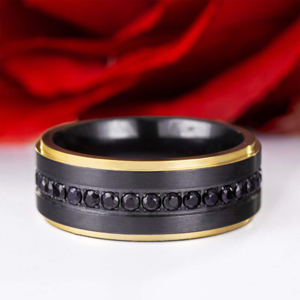 Gold & Black Titanium Men's Wedding Band With Sapphires, Eternity Band, Ring, Sapphire Ring For Men