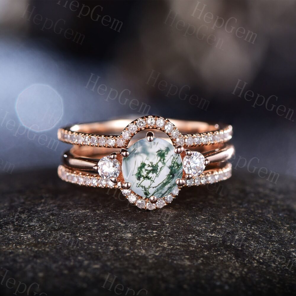 Round Cut Moss Agate Engagement Ring Set, Enhancer Wedding Band, Moissanite Bridal Ring, Rose Gold Diamond Anniversary Gift, Bridal Set