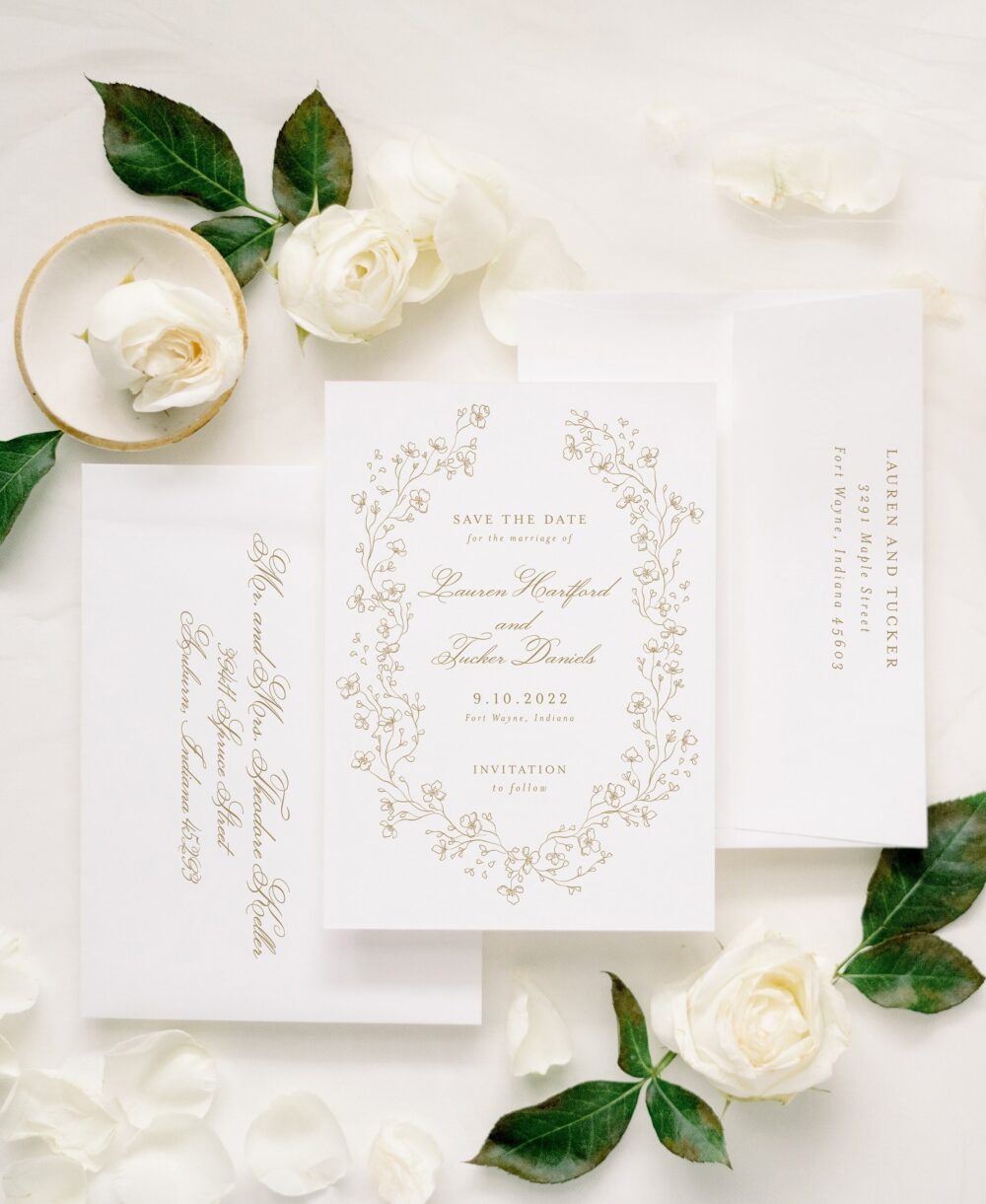 Floral Wreath Save The Date, Fine Art Wedding, Gold Elegant Printed, With Photo
