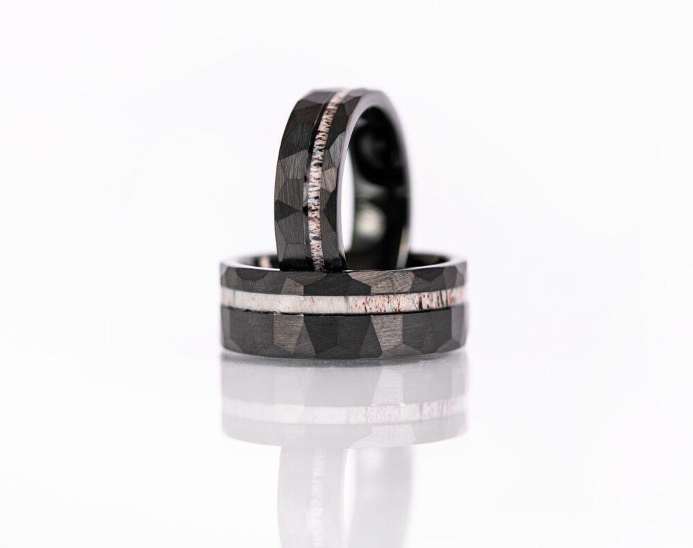 Black Tungsten Ring, Wedding Band For Men, Antler Hammered Deer Ring Tungsten, Unique Mens