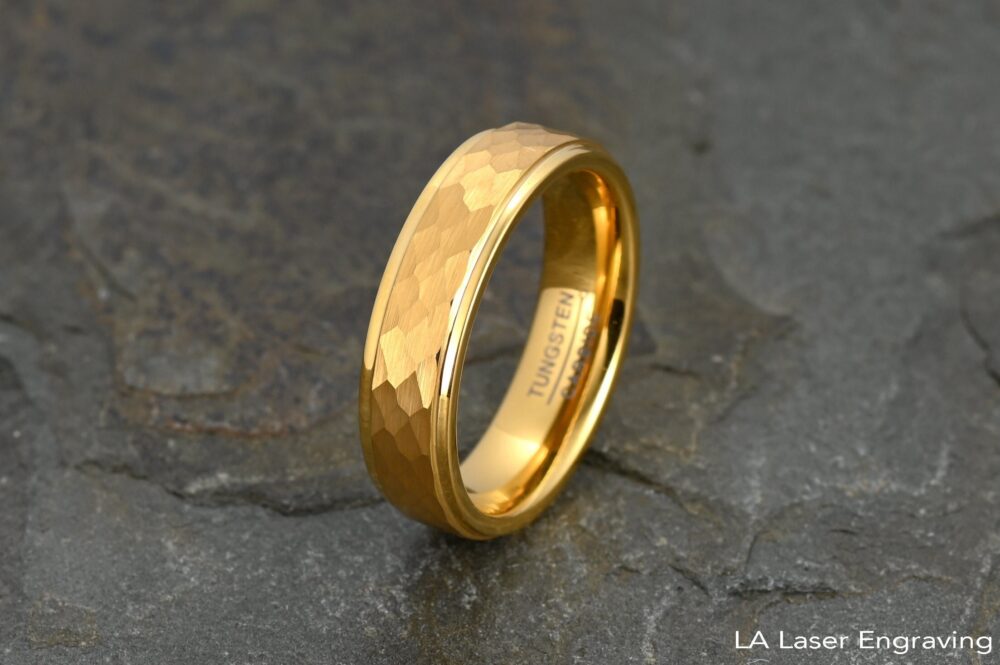 Tungsten Ring Yellow Gold Wedding Band Hammered Brushed 6mm Free Personalization Option
