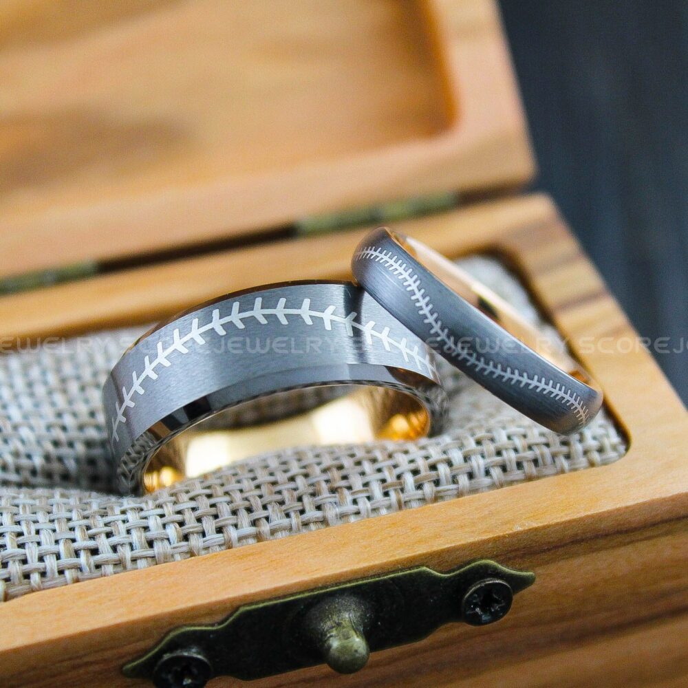 Baseball Rings, Wedding Bands, 2 Piece Couple Set Gunmetal Tungsten Rings With Domed Edge Stitch Pattern