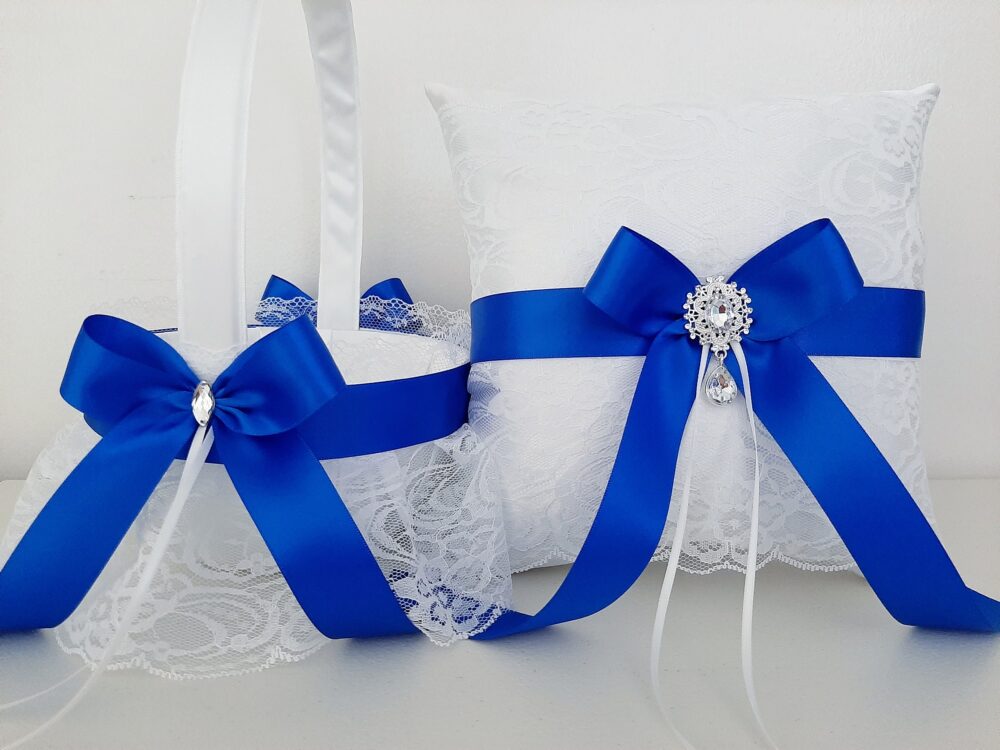 Royal Blue Wedding Flower Girl Basket & Ring Bearer Pillow Set, For Girl, Pillow, For Petals