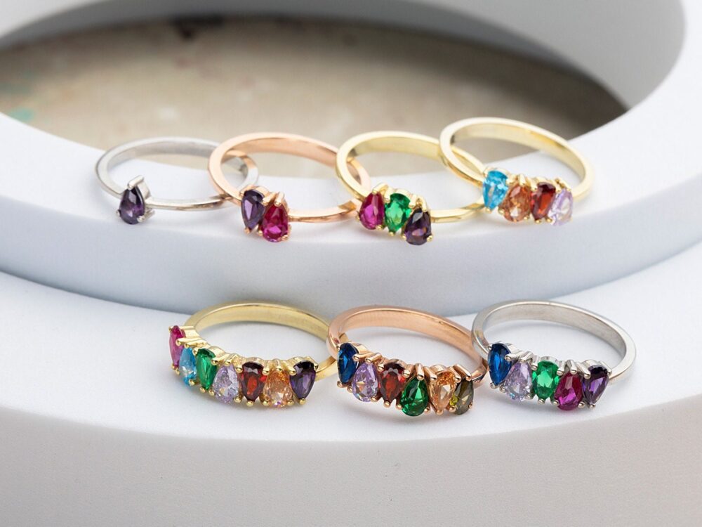 14K Solid Gold Birthstone Ring, Pear Cut Multi Personalized Gift For Mom, Family Ring Grandmothers, Mother's Day Gifts