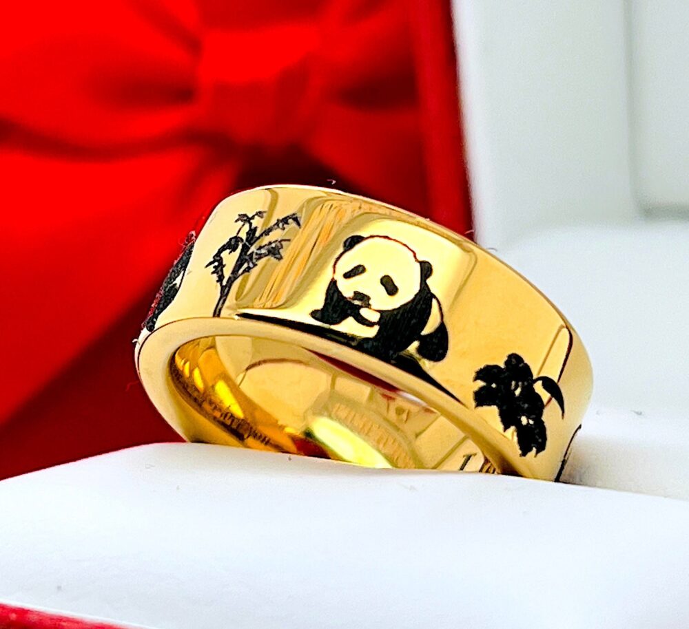 His & Hers | Adorable Pandas| Yellow Gold Wedding Bands Pandas in Nature Custom Engraved Unique Bands| Tungsten Rings