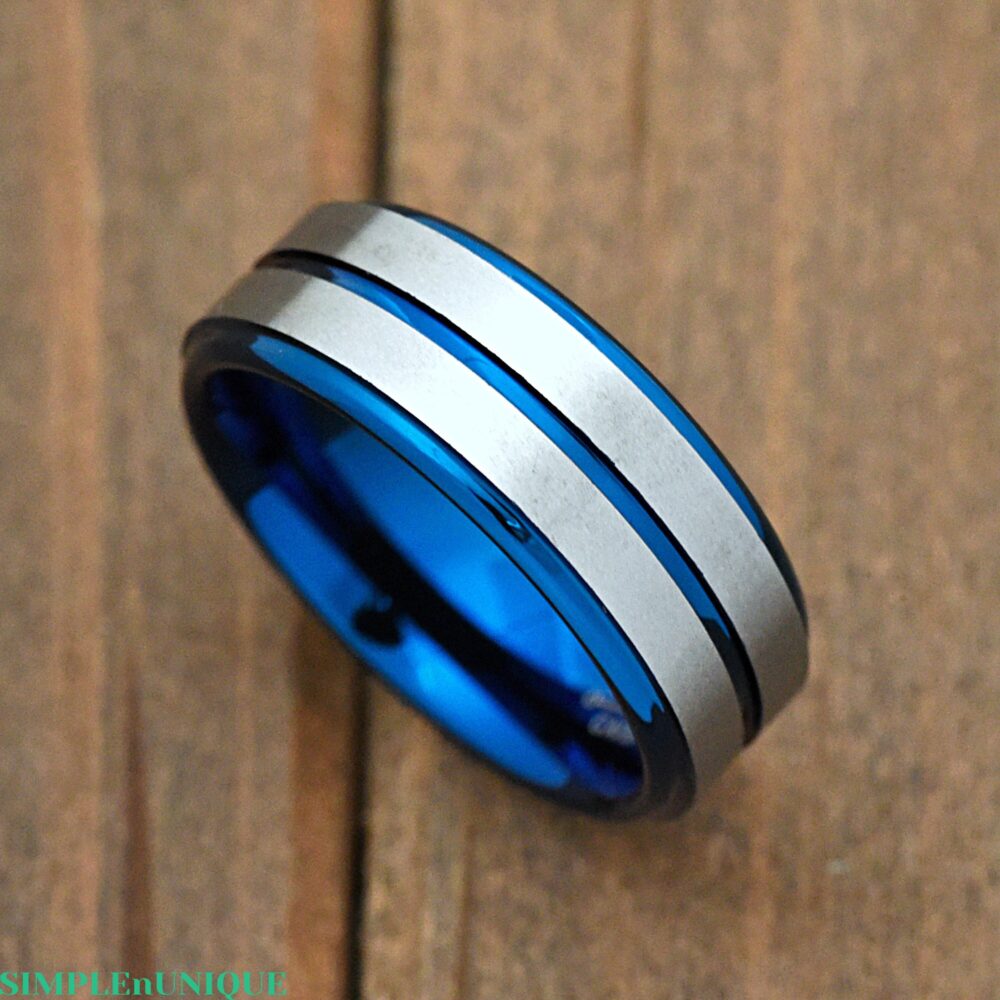 Brushed Matte Gray Gunmetal Double Stripes Center Blue Tungsten Carbide Ring Engraved Wedding Band 8mm Promise For Him Comfort Fit