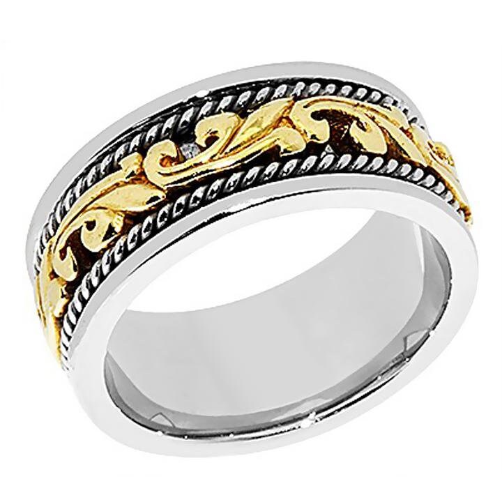 8mm, 14K Two Tone Gold Antique Style Leaf Design Wedding Band