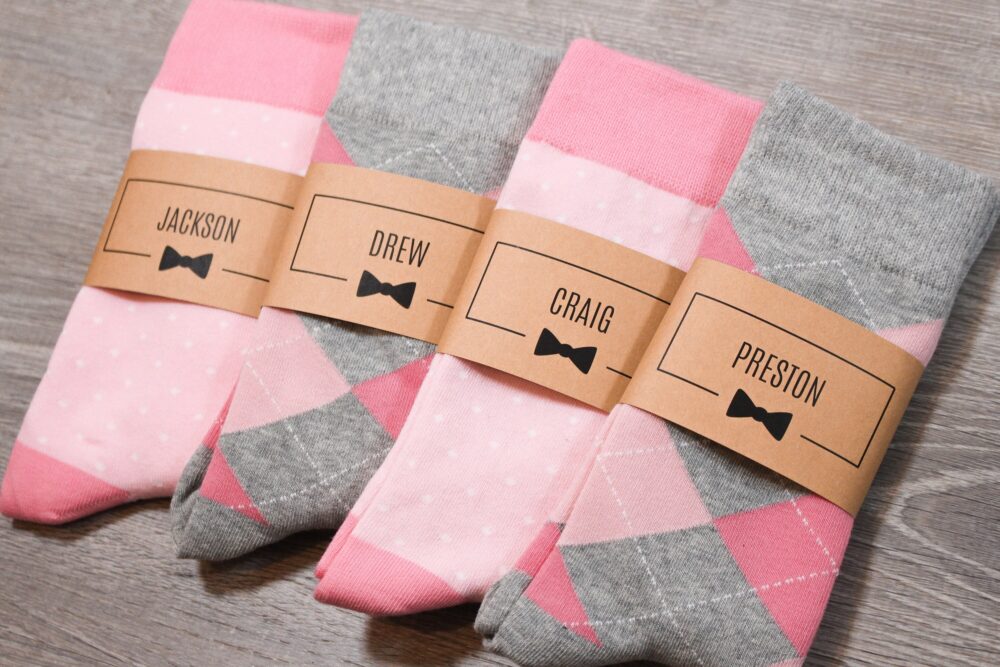Pink Personalized Groomsmen Socks | Matching Colors, Men's Size 7-12 Groomsman Gift Idea, Wedding Socks, Custom Sock Labels