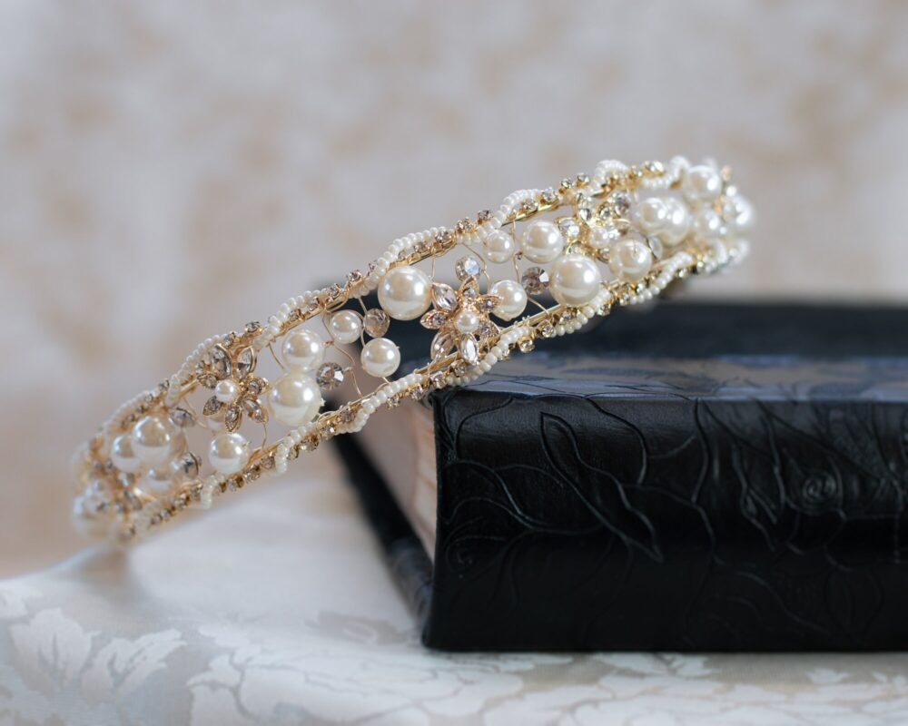 New Gold Wedding Pearl Headpiece, Crystal Rhinestone Bridal Headband, Hair Accessory - 9664