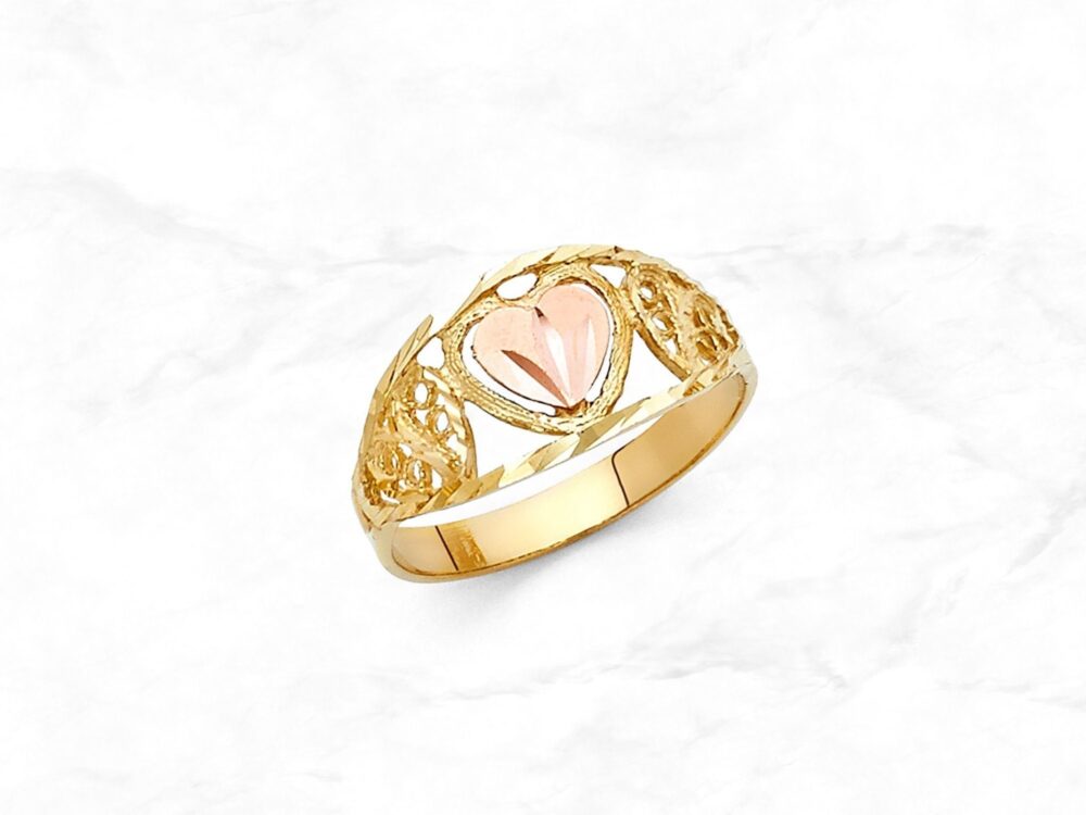 14K Two Tone Gold Heart Ring, Real Shape Rose Diamond Cut Ring