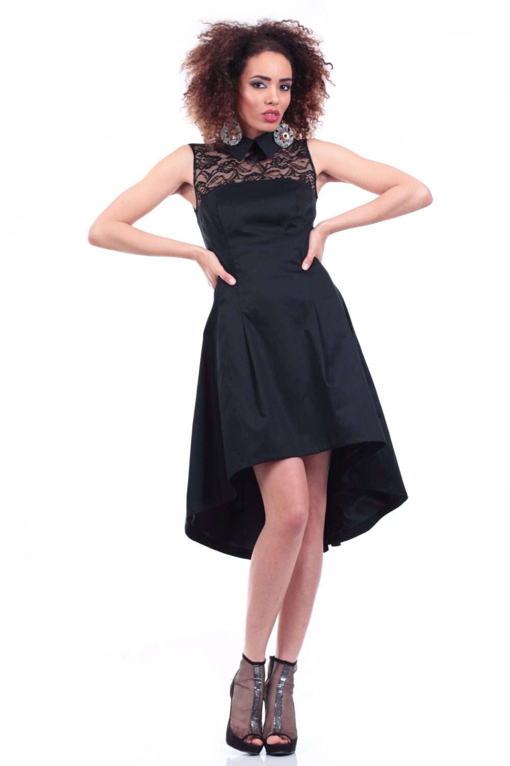 Mini Asymmetric Black Extravagant Sleeveless Elegant Collared Evening Short A-Line Dress With Lace