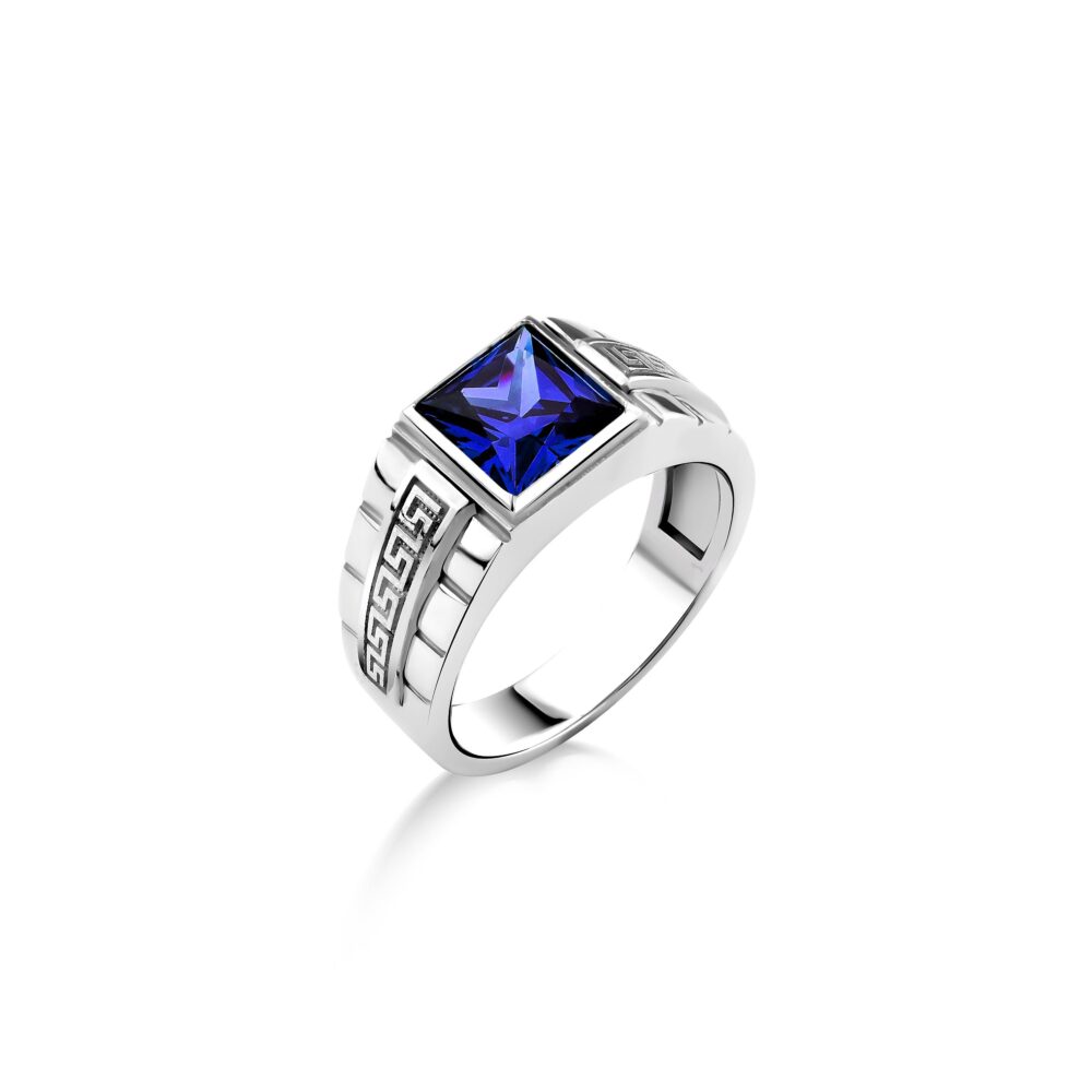 Engraved Meander Men Sapphire Ring in Sterling Silver, Male Promise With Square Sapphire, Blue Stone Fashion Mens Ring, Gifts For