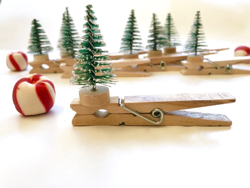 9 Christmas Tree Clothespin Frosted Sisal Tree Gift Topper Card Holder Bottlebrush Place Holiday Table Setting Painted