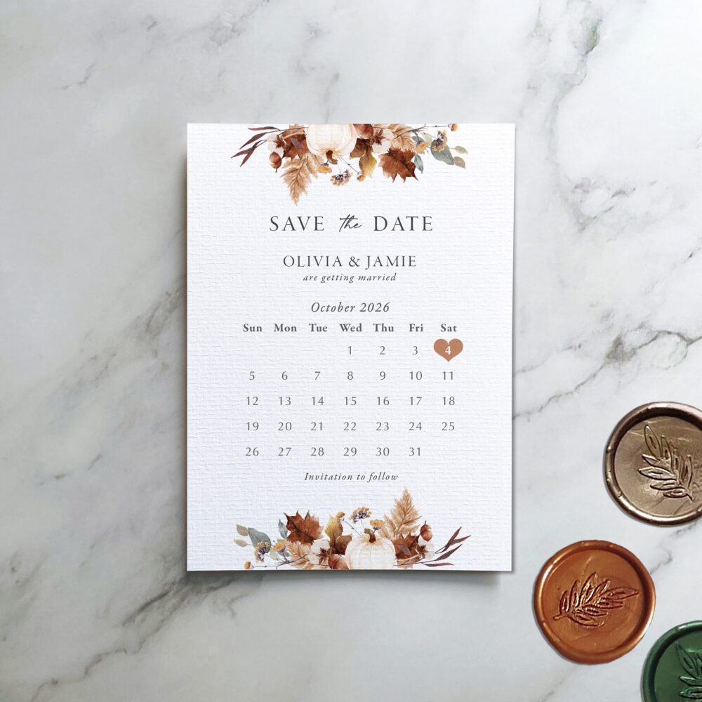 Save The Date Pumpkin Autumn Calendar. Rustic Leaves, Fall Save Date, Halloween Wedding Date