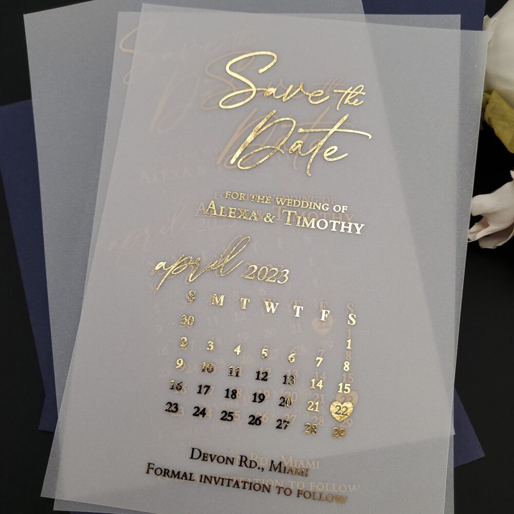 Vellum Save The Dates For Wedding With Calendar, Gold The Date Cards Envelopes, Rose Foiled