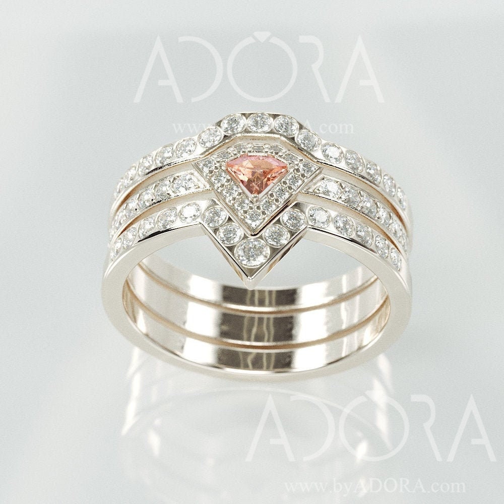 Diamond Cut Morganite Engagement Bridal Rings Set | 14K White Gold & Wedding With Natural Diamonds