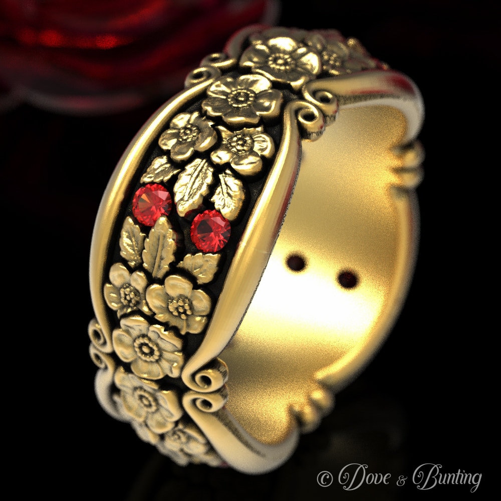 Forget-Me-Not Wedding Band With Ruby Accents, Gold Flower Ring, Band, Platinum Floral Nature Inspired 184-R4
