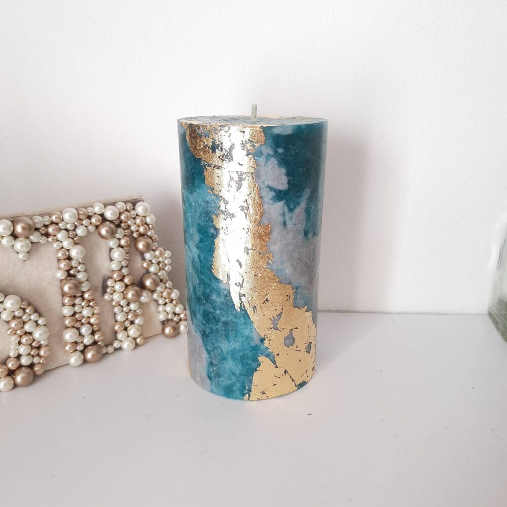 Teal Gray Gold Pillar Candles, Unique Candles For Decor. Turquoise Decorative Candle Gift. Choose The Size. Unscented