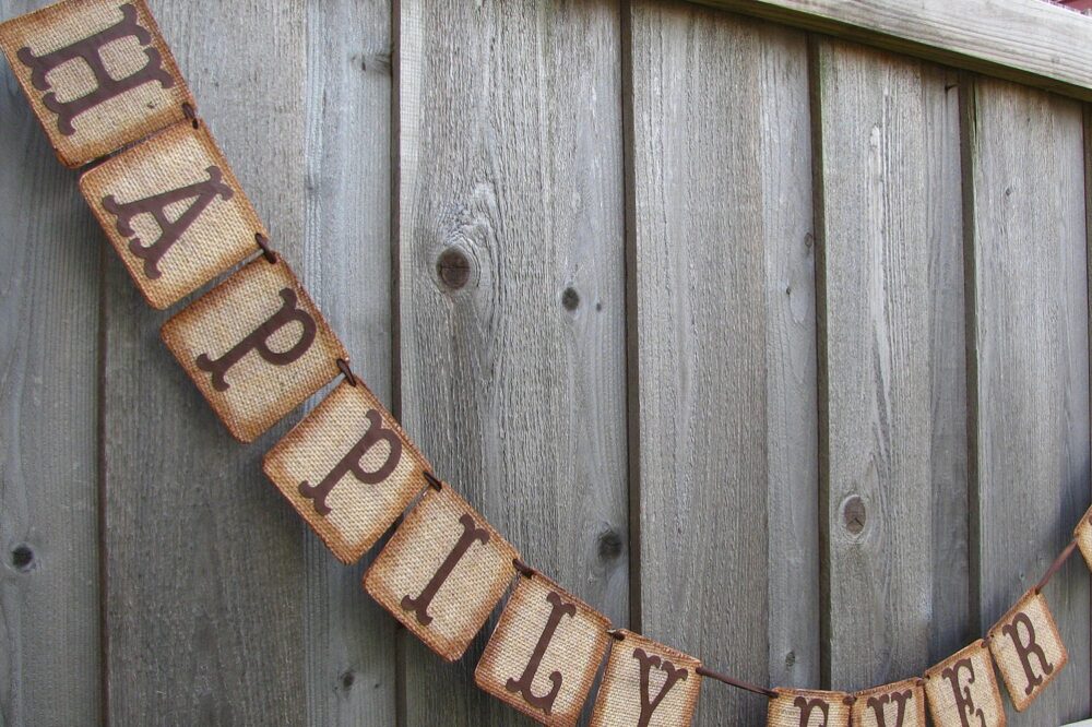 Happily Ever After Burlap Wedding Banner, Engagement Bridal Shower Decor, Custom Garland, Rustic Farmhouse Reception