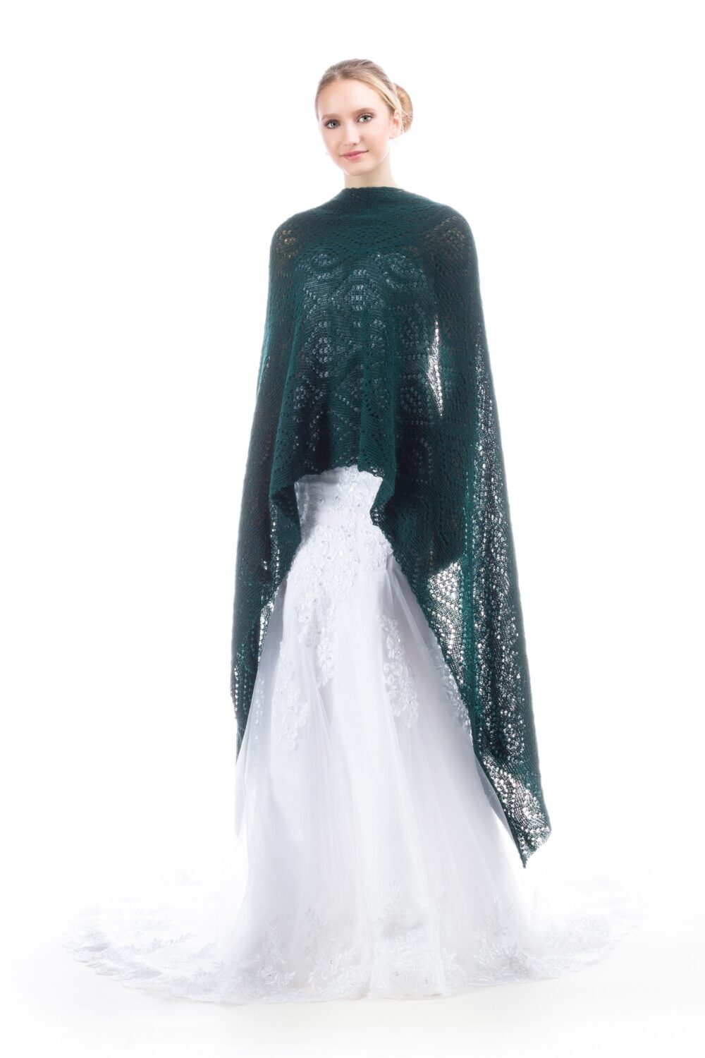 Knit Lace Wrap, Hunter Green Evening Shawl, Dark Stole, Wedding Bridesmaid Scarf, Crocheted Oversized Scarf