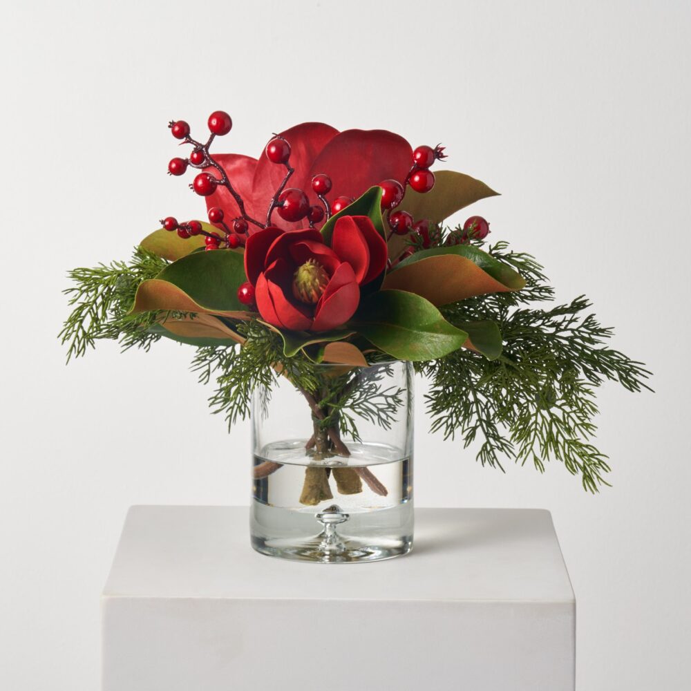 Real Touch Christmas Magnolia Blooms, Red Winter Berry & Cedar in Small Glass Cylinder Vase Holiday Arrangement