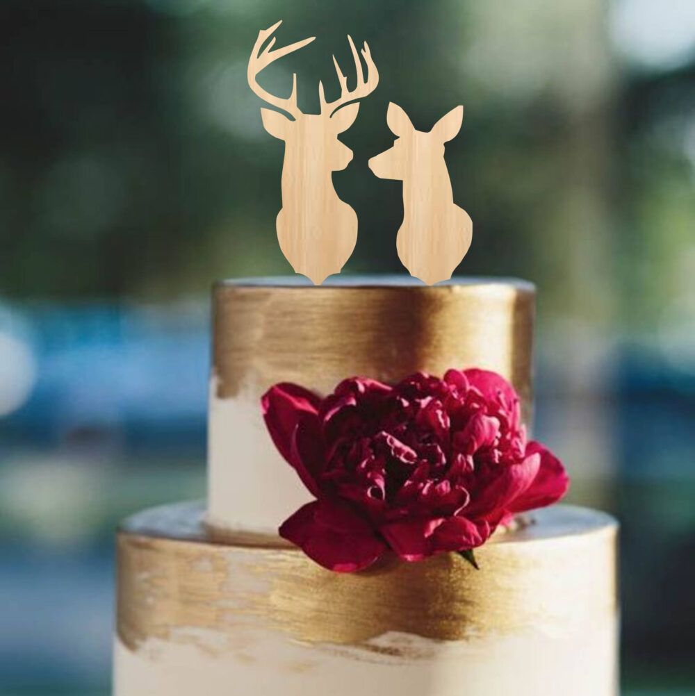 Cake Topper, Buck & Doe Wedding Cake Deer Silhouette Rustic Wooden Antlers Topper