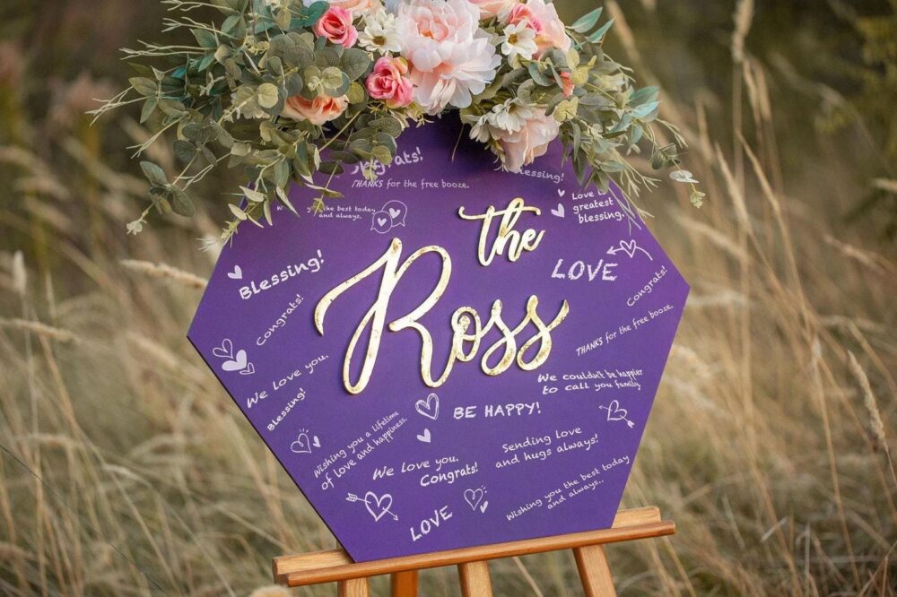 Wood Hexagon Guest Book Wedding, Purple Book, Alternative Wedding Wooden Sign, Unique Guestbook