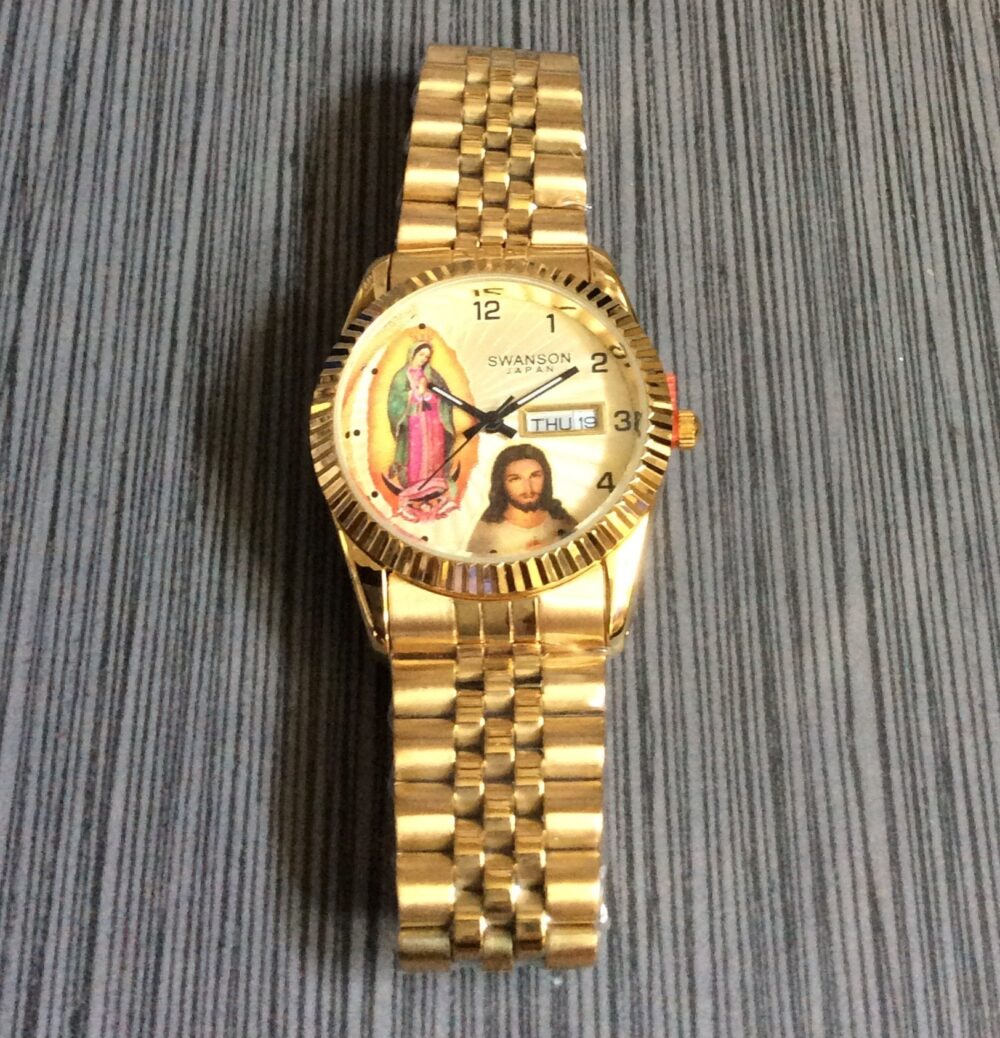 Swanson Men's Religious Watch Jesus Guadalupe Gold Dial Arabic Hours On Linked Band New Unused Vintage | Waterproof 5Atm