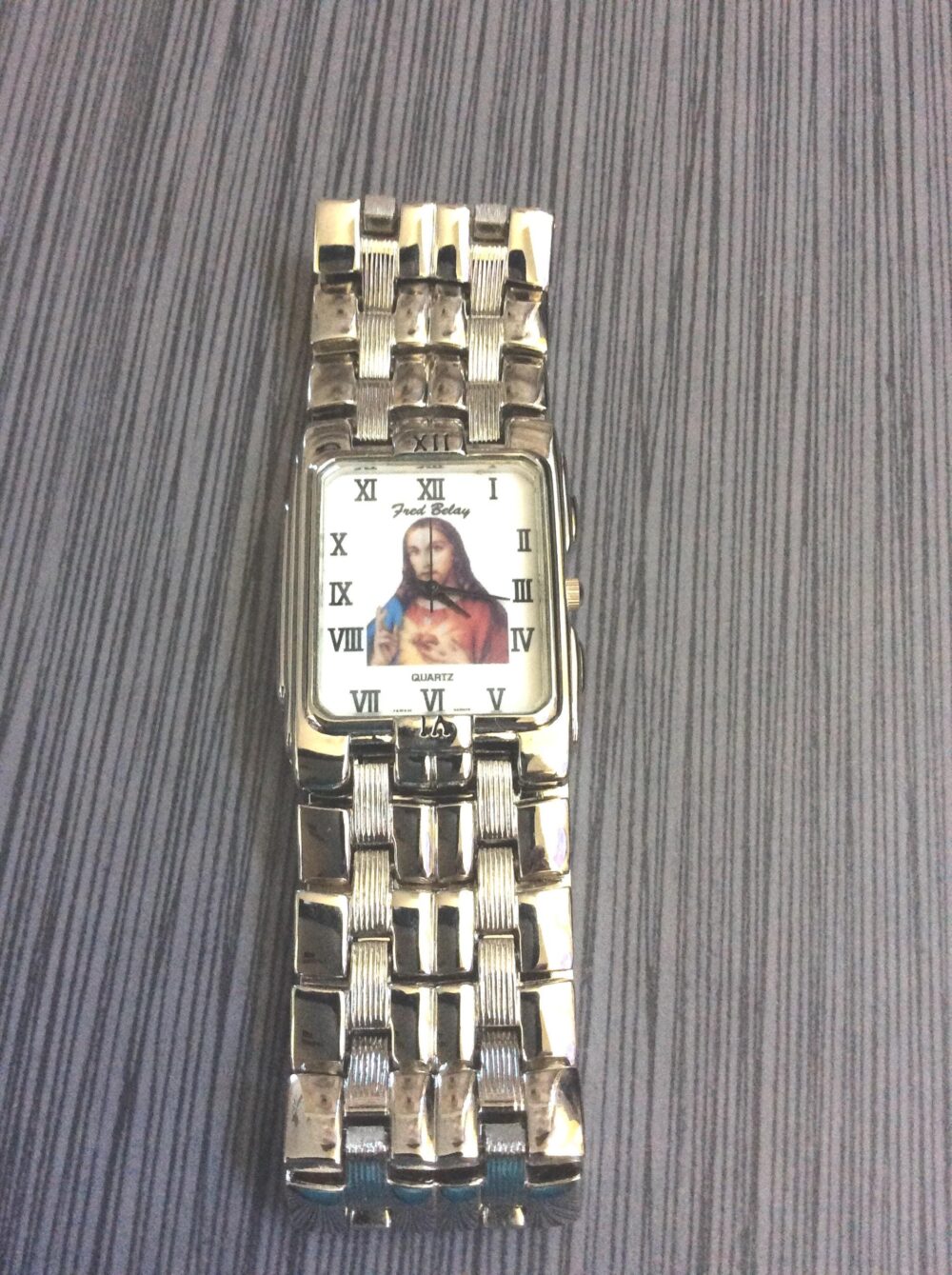 Men's Religious Silver Watch Rectangle White Jesus Dial Black Roman Numeral Hours On Linked Band Vintage Un-Used New/Old Stock Beauty