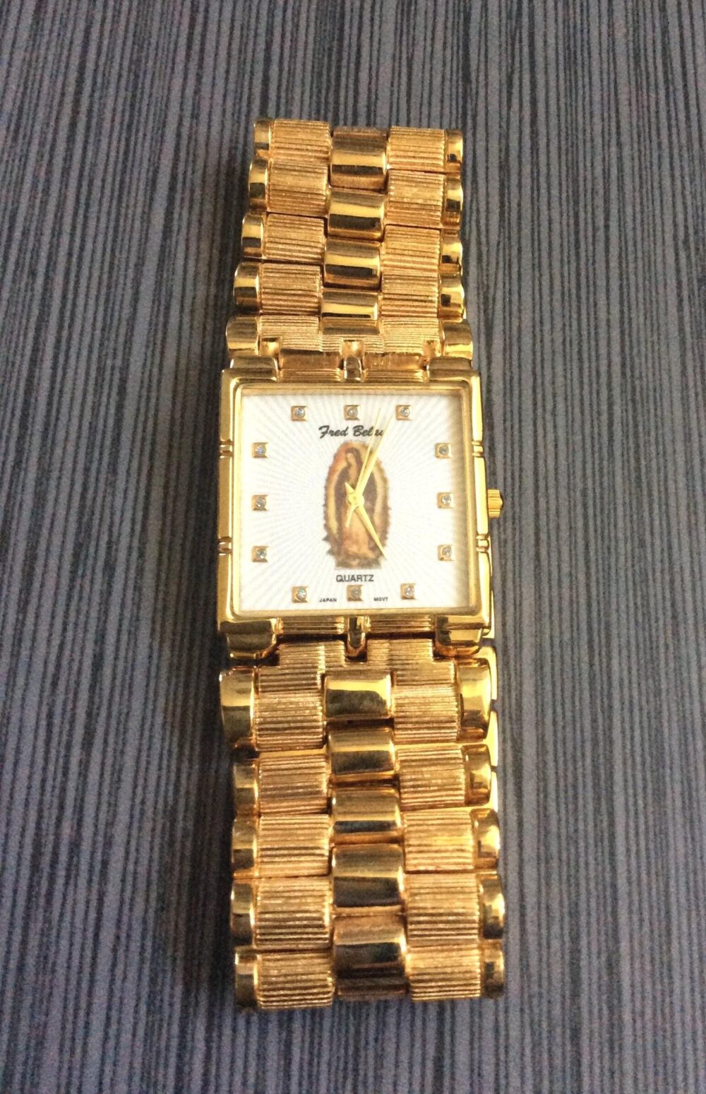 Men's Religious Image Watch Square White Sunray Dial On Gold Linked Band Quartz Vintage Un-Used Still in New Condition New/Old Stock Unique